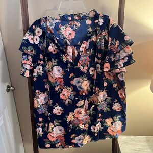 Floral Ruffle Sleeve Top - Navy and Pink